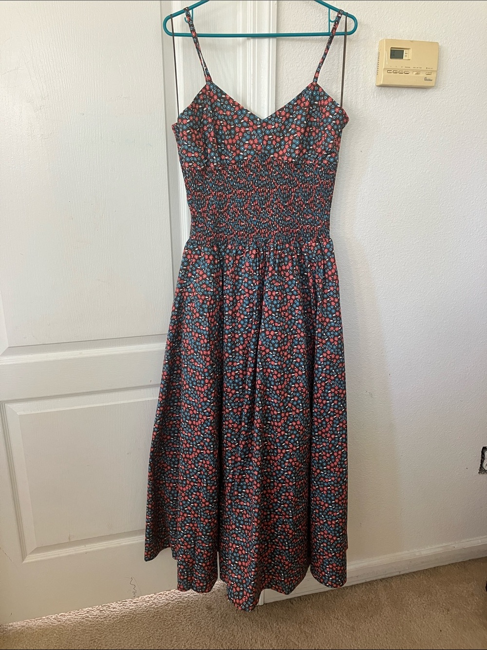 Elie Tahari Cotton Maxi Dress with Pink and Blue Floral Print with Smocking 12
